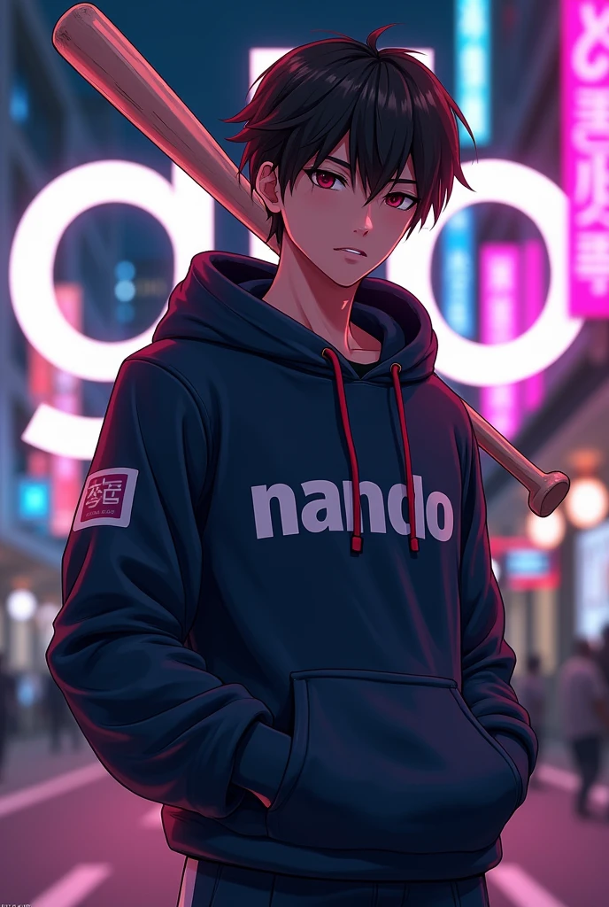 Create a character anime, {{background: large text “GLBK”, night city}}, tanned skin,
realistic, HDR, handsome, japan style, full body, use stick baseball, age 20, hoodie HD text: “NANDO”