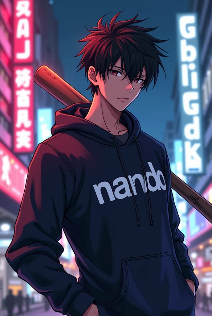 Create a character anime, {{background: large text “GLBK”, night city}}, tanned skin,
realistic, HDR, handsome, japan style, full body, use stick baseball, age 20, hoodie HD text: “NANDO”