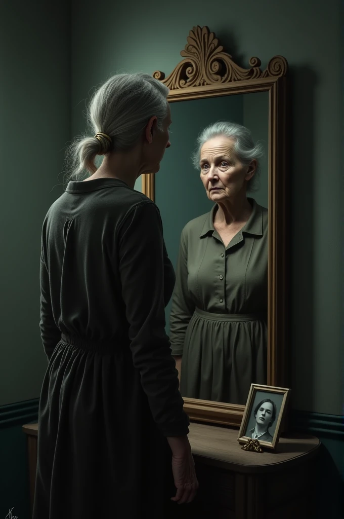 An elderly woman looks at her younger self in the mirror