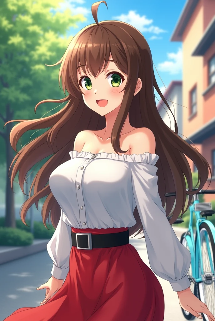 anime girl,university student,Big breasts,Green eyes,Bright smile,Long brown hair,white off shoulder shirt,Showing belly,Long red dress,Black belt,sweat,Beautiful works of art,Anime style 4K,Art wallpaper 4k,University campuses,Light sky blue bicycle