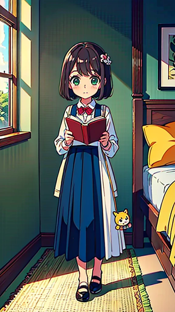 ((high quality)), ((masterpiece)), 8k, 10 year-old girl, light rays, extremely detailed, 8k wallpaper, ((full body)), reading a book in bedroom, cute clothes, kawaii, cute girl, brown hair, chanel short hair, green eyes, tiny girl, children, ???