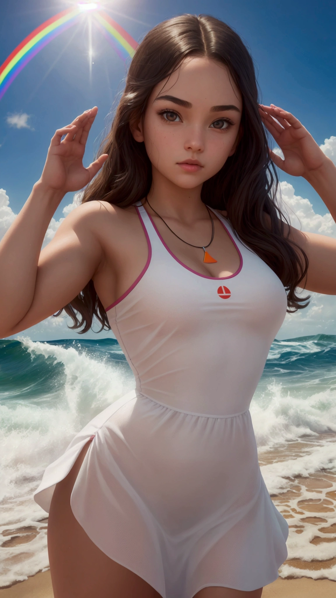 Masterpiece, Perfect lifeguard girl, Perfectly symmetrical face., High-contrast eyes, looking down, Wear a long rainbow dress.., (dynamic gesture) on the beach, Yoga poses, big wave, Wide angle from 30k away angle, .3d, UDR, Beautiful clothing details, Highly detailed, movie theater light, incredible light, shallow depth of light, Physics-based rendering