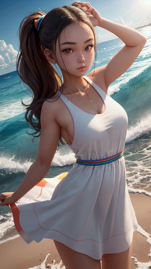 Masterpiece, Perfect  lifeguard girl, Perfectly symmetrical face., High-contrast eyes, looking down, Wear a long rainbow dress.., (dynamic gesture) on the beach, Yoga poses, big wave, Wide angle from 30k away angle, .3d, UDR, Beautiful clothing details, Highly detailed, movie theater light, incredible light, shallow depth of light, Physics-based rendering