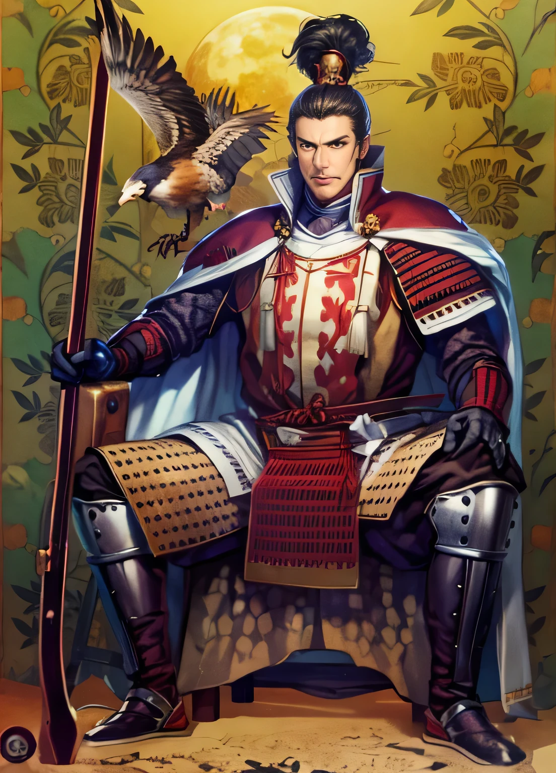 With a hawk on his shoulder、Sit on a chair with your legs apart、The gun is propped up in his right hand、Oda Nobunaga