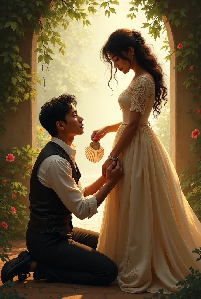 Crisostomo Ibarra kneeling at Maria Clara, and Crisostomo Ibarra holding Maria Clara's one hand and Maria Clara standing holding a fan