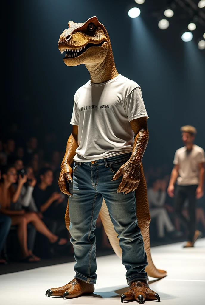 Dinosaur wearing a T-shirt and jeans set from Armani in a fashion show. Full body photo, real as in real life.