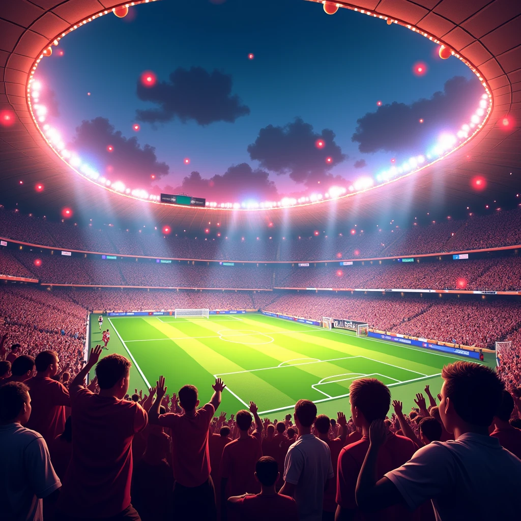 An exciting football match in a stadium full of spectators and floodlights, Passionate crowd, Dazzling stadium floodlights, Spectacular and inspiring moments, vibrant atmosphere, Mexican-themed, Dessert themed, Fantasy-themed stadium.