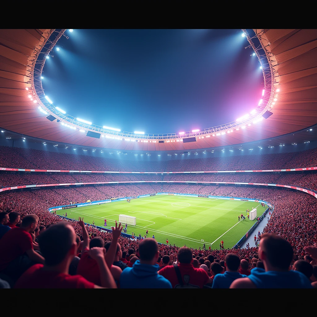 An exciting football match in a stadium full of spectators and floodlights, Passionate crowd, Dazzling stadium floodlights, Spectacular and inspiring moments, vibrant atmosphere, Mexican-themed, Dessert themed, Fantasy-themed stadium.