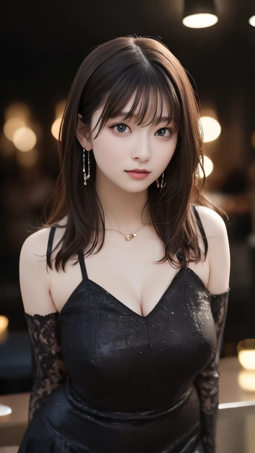 (8k, RAW Photos, Highest quality, masterpiece: 1.2)、Tabletop、Very detailed、Super Resolution、Natural color lip、Heavy eye makeup、Revealing clothing、(Mini skirt tight sexy dress:1.2), Gorgeous Accessories、Straight Hair、H cup breasts、Big Breasts:1.2、(Background of a high-end nightclub with a night view１.2)、(Dynamic Sexy Pose 1.2)、(Gorgeous Theme 1.2)、(With cleavage 1.2)、(((Blurred Background:1.5、Photo studio、Cinema Lighting、Professional Photographer)))