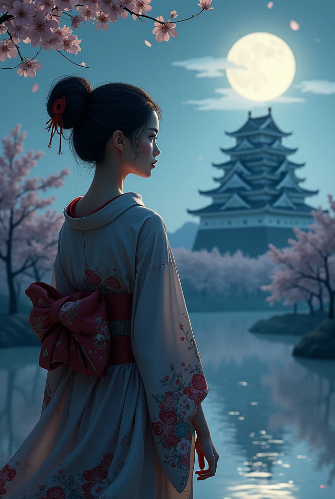 A beautiful woman in a kimono gazing at a Japanese castle at night