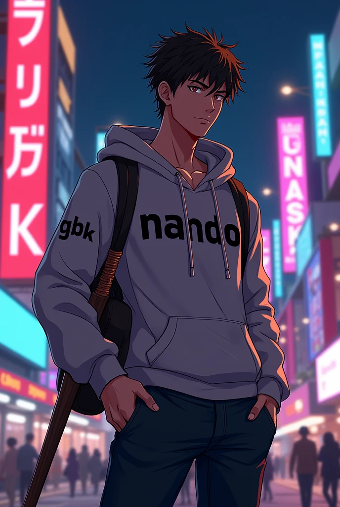 Create a character anime, {{background: large text “GLBK”, night city}}, tanned skin,
realistic, HDR, handsome, japan style, full body, use stick baseball, age 20, hoodie HD text: “NANDO”