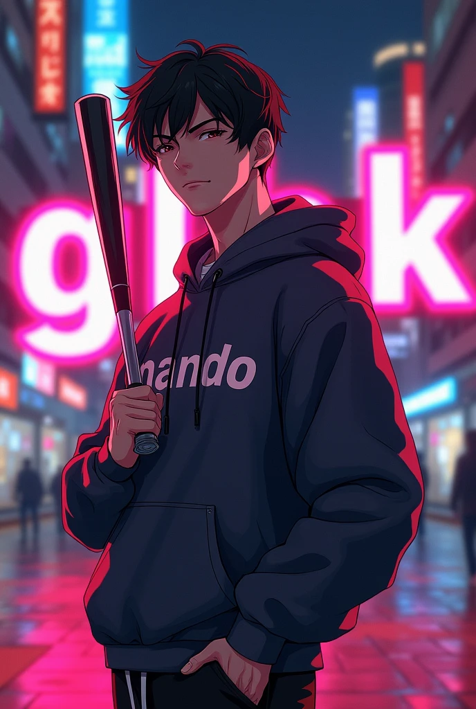 Create a character anime, {{background: large text “GLBK”, night city}}, tanned skin,
realistic, HDR, handsome, japan style, full body, use stick baseball, age 20, hoodie HD text: “NANDO”