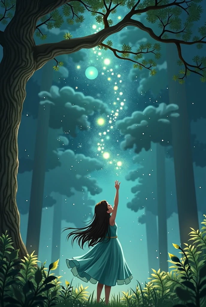 a girl with long dark brown hair, with mint-colored princess cut dress, The girl wanting to touch with one hand the night sky with bright stars, located in a forest standing in front of a large tree in 4d