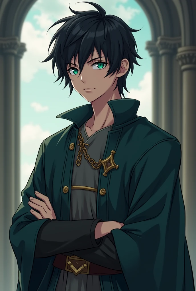 Anime boy medium long black hair and turquoise eyes serious feet head medieval clothes standing handsome