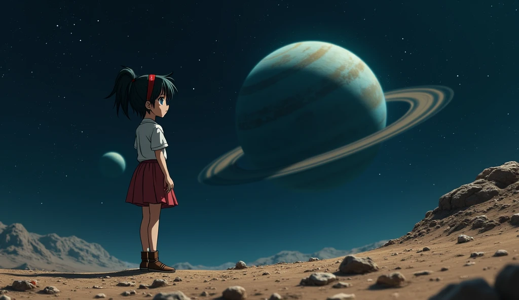 Mii girl on a deserted planet on deep space, you can see two more planets with rings, black hair, short hair, ahoge, blue eyes, a red strap on hair, a red foot tattoo on her right cheek, Mii wears a skirt, In the style of Makoto Shinkai。master piece, ultra detail, precision, ultra-realistic, anime art,