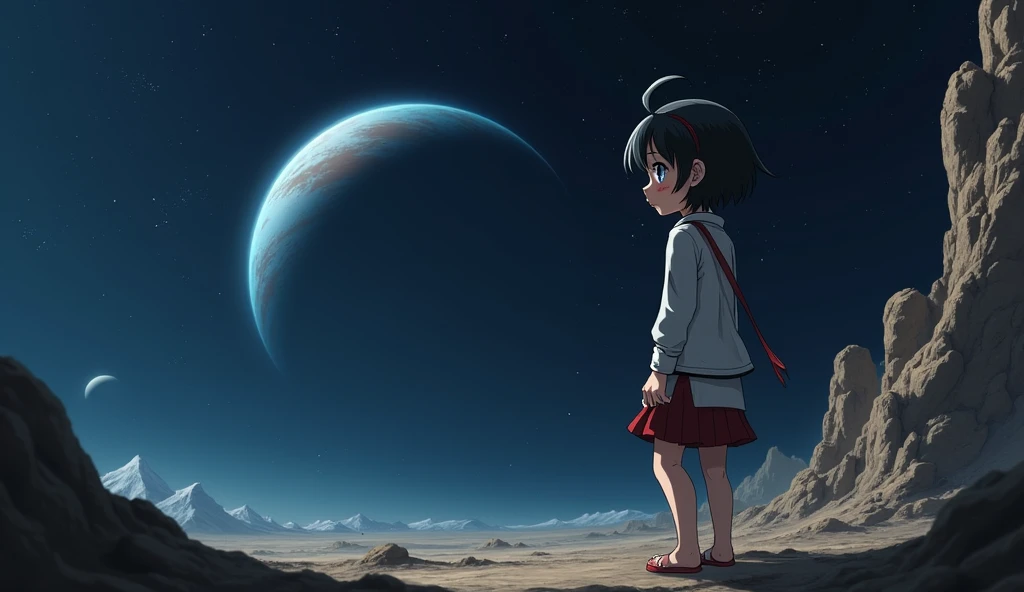 Mii girl on a deserted planet on deep space, you can see two more planets with rings, black hair, short hair, ahoge, blue eyes, a red strap on hair, a red foot tattoo on her right cheek, Mii wears a skirt, In the style of Makoto Shinkai。master piece, ultra detail, precision, ultra-realistic, anime art,