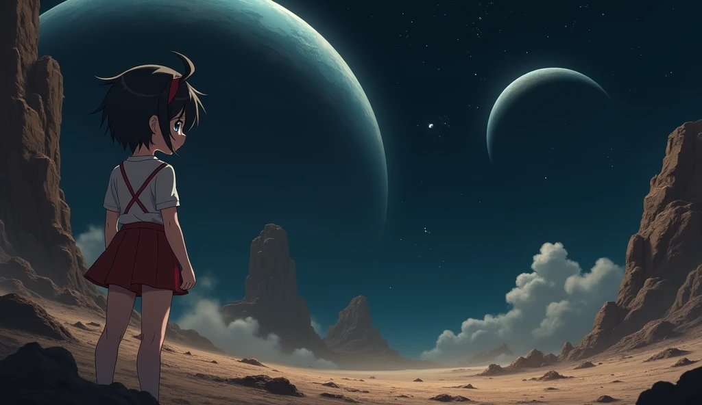 Mii girl on a deserted planet on deep space, you can see two more planets with rings, black hair, short hair, ahoge, blue eyes, a red strap on hair, a red foot tattoo on her right cheek, Mii wears a skirt, In the style of Makoto Shinkai。master piece, ultra detail, precision, ultra-realistic, anime art,