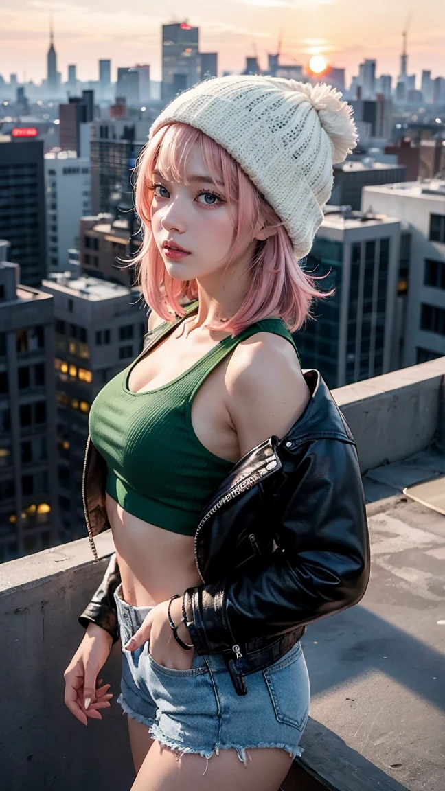 A confident anime character with shoulder-length pink hair, styled with a green beanie, wearing a white crop top and a brown leather jacket. She is standing on a rooftop at sunset, with the city skyline in the background, looking out over the horizon."