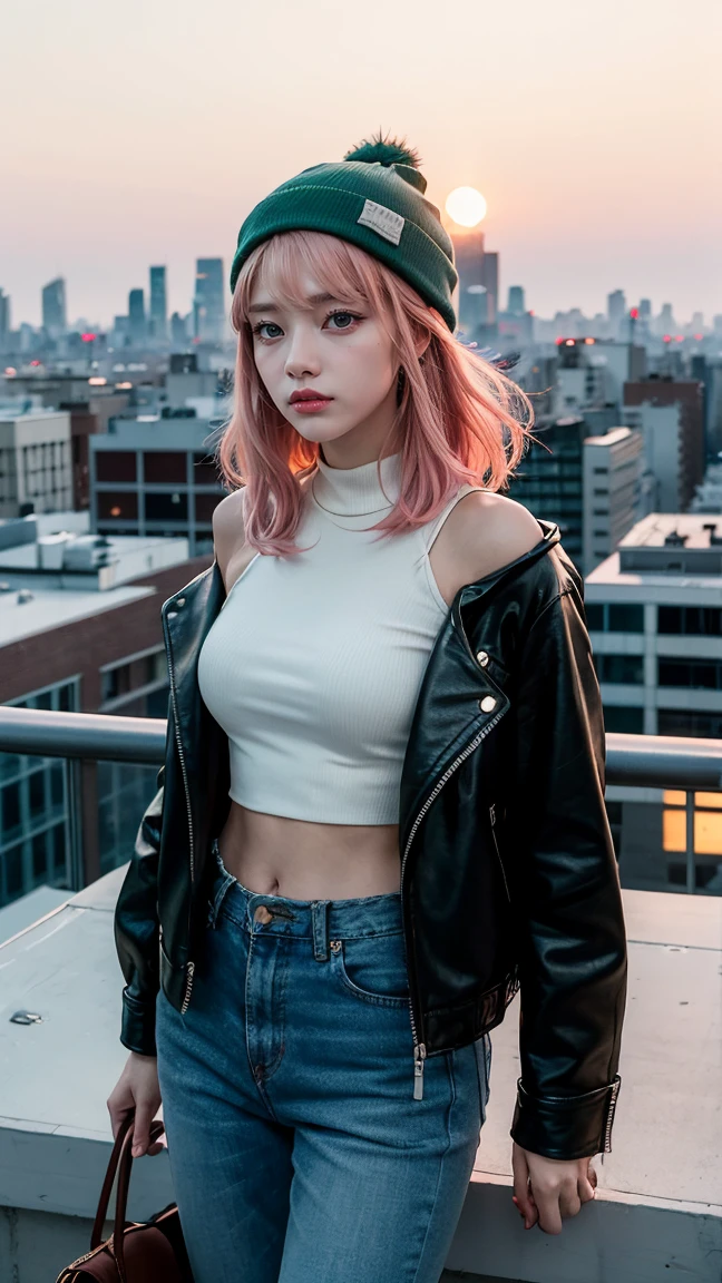 A confident anime character with shoulder-length pink hair, styled with a green beanie, wearing a white crop top and a brown leather jacket. She is standing on a rooftop at sunset, with the city skyline in the background, looking out over the horizon."