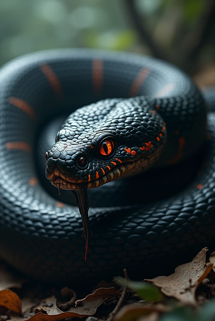 Picture a dangerously venomous snake, its scales a deep, menacing black with streaks of vibrant, warning colors like fiery red or electric blue. Its eyes are piercing and alert, glowing with a malevolent intelligence. The snake’s fangs are long and curved, dripping with a potent venom. It moves with a sinuous, stealthy grace, ready to strike at any moment. How does this formidable predator blend into its environment, and what makes it so perilous?