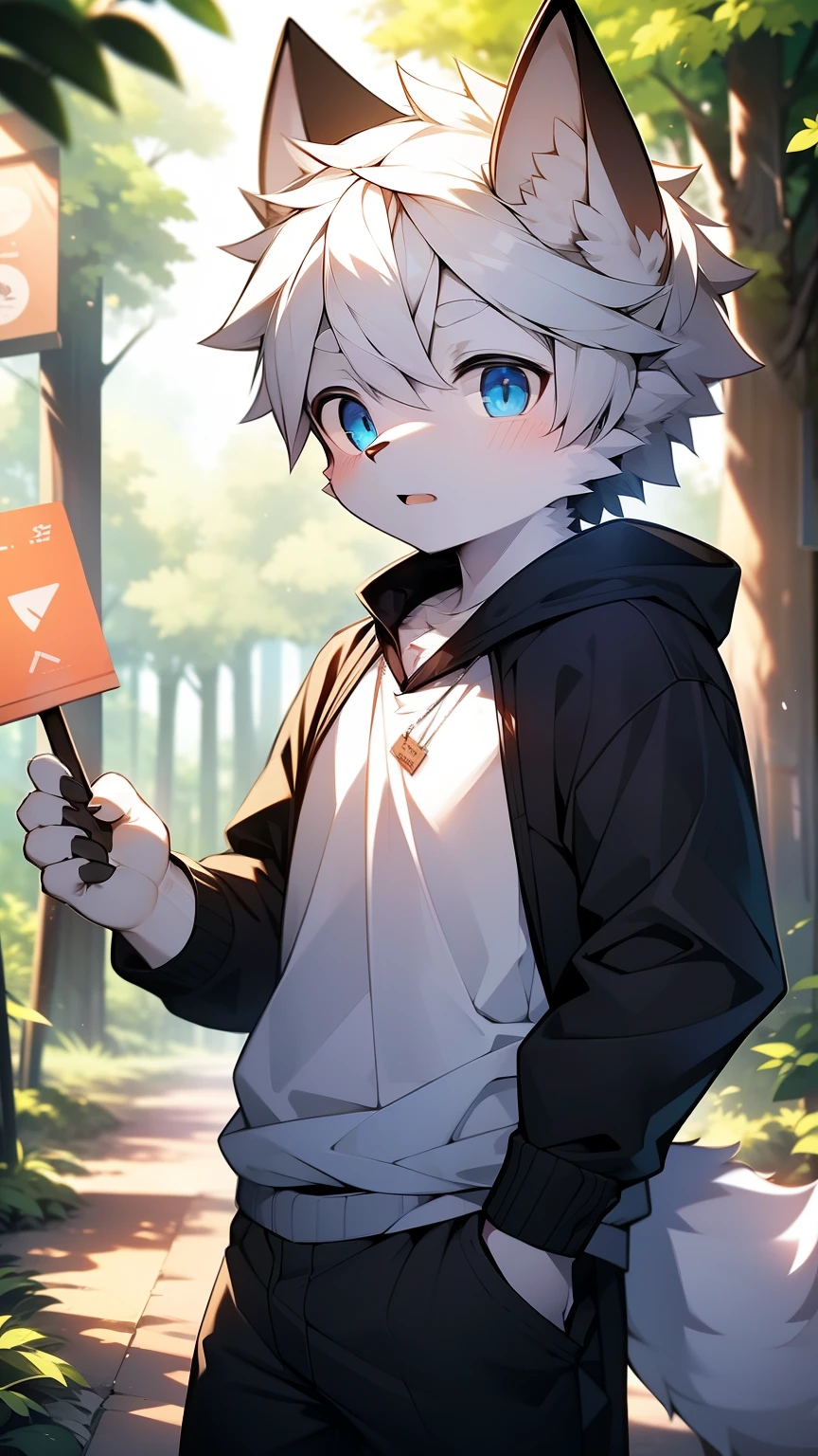 boy,Furry wolf,Blue Eyes,((Shota)), Black and white hair, Good figure, Handsome,cute, Light:极致Light影, 反Light皮肤,Reddish skin,((Worn clothes,Commoner)) ,((Deep in the forest,Stone road,sign,solo,Alone)),Outdoor sunset,((detail)),(Depth of Field),stand up
