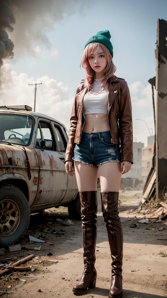 An anime character with vibrant pink hair and a green beanie, dressed in a brown jacket, white crop top, and knee-high boots. She is depicted in a post-apocalyptic wasteland, with ruins and dust clouds in the background, standing strong and fearless.