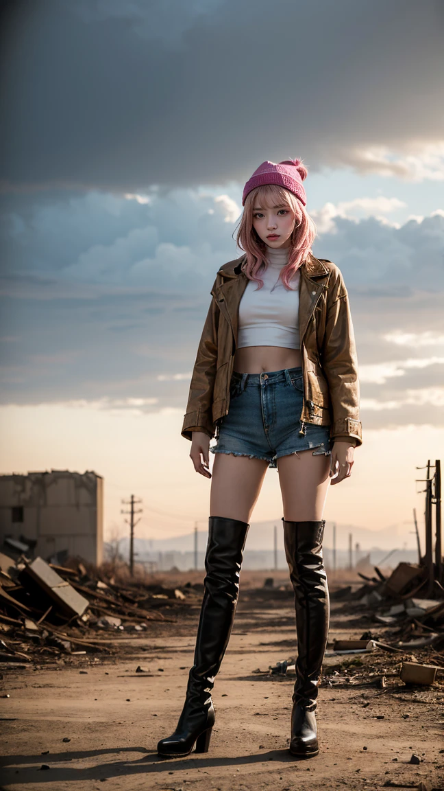 An anime character with vibrant pink hair and a green beanie, dressed in a brown jacket, white crop top, and knee-high boots. She is depicted in a post-apocalyptic wasteland, with ruins and dust clouds in the background, standing strong and fearless.