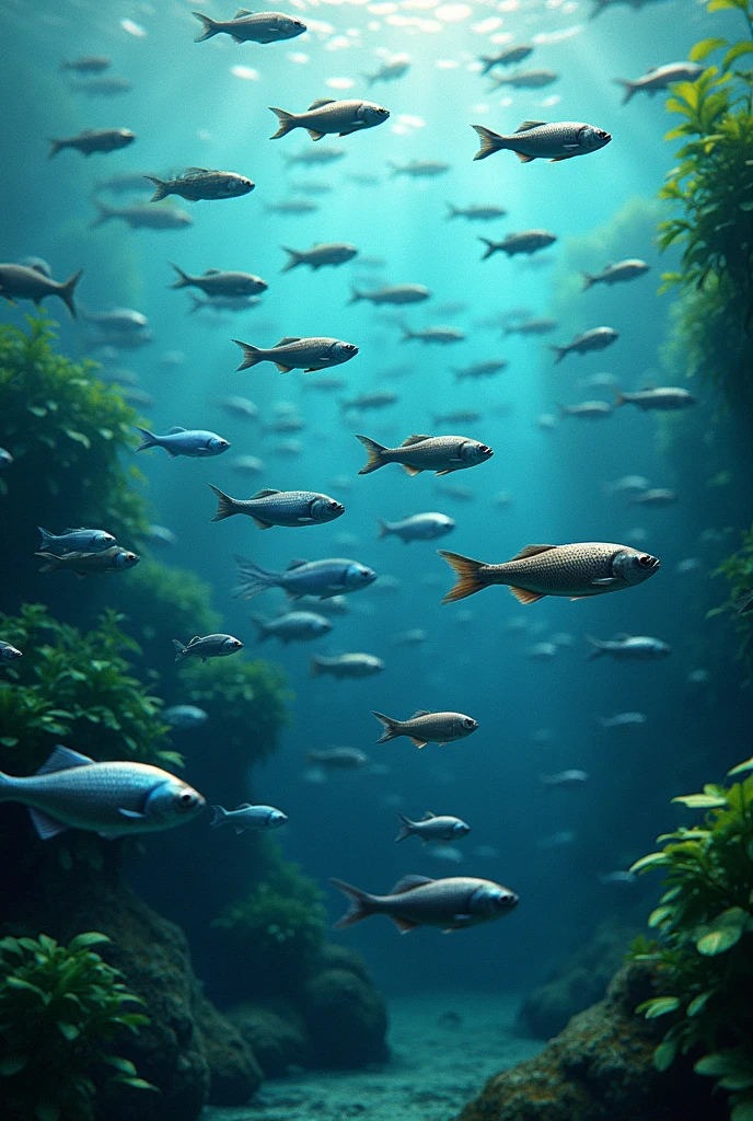 Generate a photograph of numerous tilapia swimming in a competition.