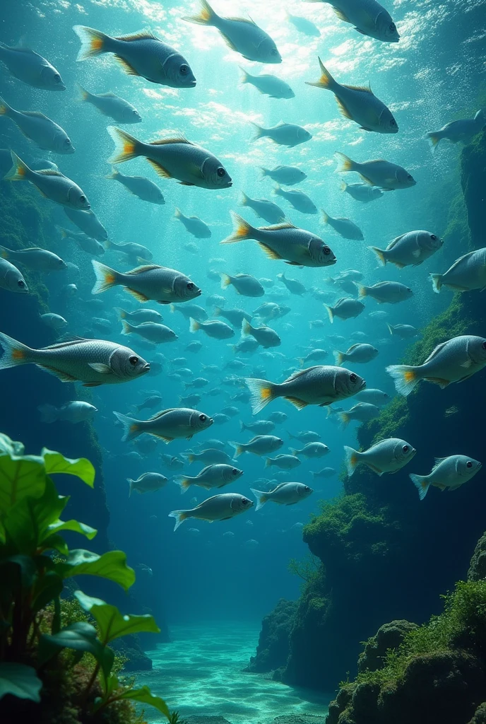 Generate a photograph of numerous tilapia swimming in a competition.