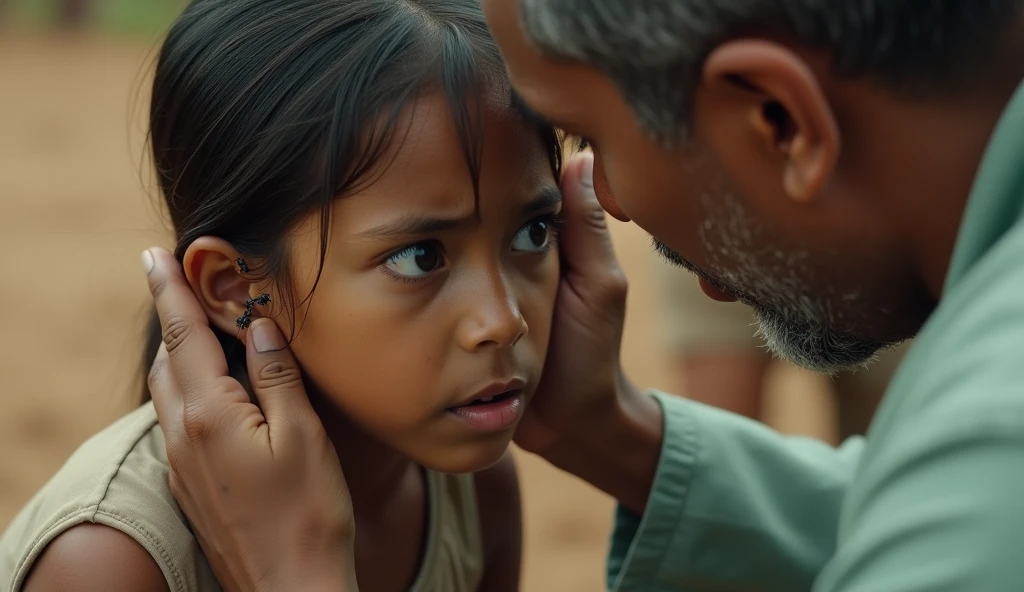 Create a YouTube thumbnail with dimensions 1280 x 720 pixels. The scene is set in a rural, impoverished environment with a background of dusty, earthy terrain, suggestive of a field or a simple medical setup in a South American or Indian context. The background should be slightly blurred to emphasize the main subjects.
Main Elements:
Young Girl: A close-up of a young girl's face, showing her ear where several large ants are visible. The girl should look uncomfortable or surprised.ñ, sacred, crying Ensure her skin tone and features reflect South American or Indian heritage.
Medical Professional: Depict a doctor or medical worker,. it has to be a man , also reflecting South American or Indian heritage, with an exaggerated expression of shock or concern worry and scared . The doctor is leaning towards the girl's ear, inspecting it carefully. The doctor should be dressed in simple, practical medical attire, suitable for a rural setting (e.g., a white coat or traditional attire).
Setting Details: The background should have elements that suggest a simple, makeshift medical environment in a rural area—dusty ground, perhaps a basic medical setup like a small table with medical tools, or a rudimentary clinic setting. The environment should look impoverished but not overly dramatic, to keep the focus on the main subjects.