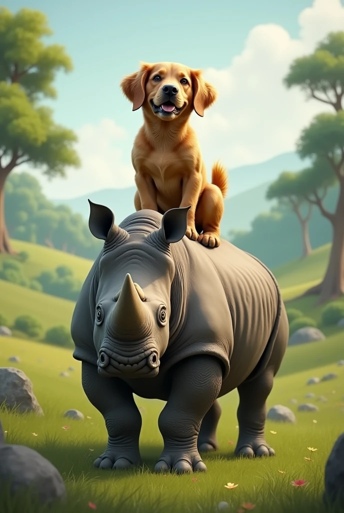 Dog sit on rhinoceros 