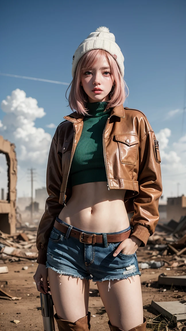 An anime character with vibrant pink hair and a green beanie, dressed in a brown jacket, white crop top, and knee-high boots. She is depicted in a post-apocalyptic wasteland, with ruins and dust clouds in the background, standing strong and fearless.
