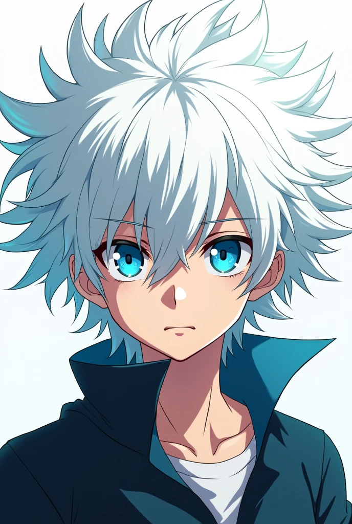 style kimetsu no yaiba, 1boy, cheveux blancs courts, Une coiffure peu avec des mèches dans toutes les directions, yeux d'A stunning bleu ciel brillant, A stunningiforme de tueur de démons, 独奏, animated coloring, ((portraits d&#39;A stunning)), ((head of&#39;artwork)), (((high quality)))