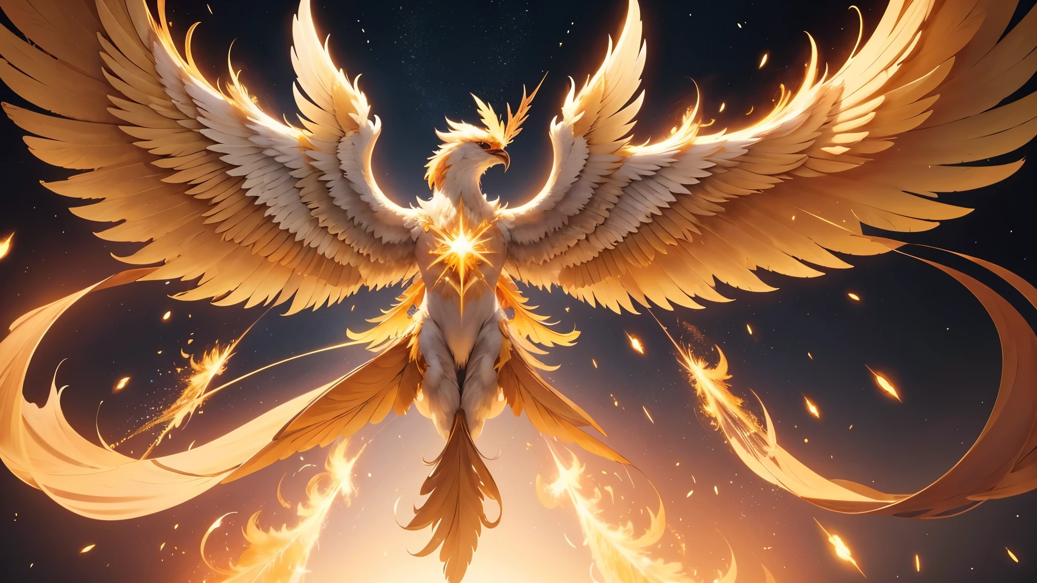 Phoenix, white background, golden flames, golden particle effects, semi realistic, extremely detailed wings, ((symmetrical)), spreading wings, large wings