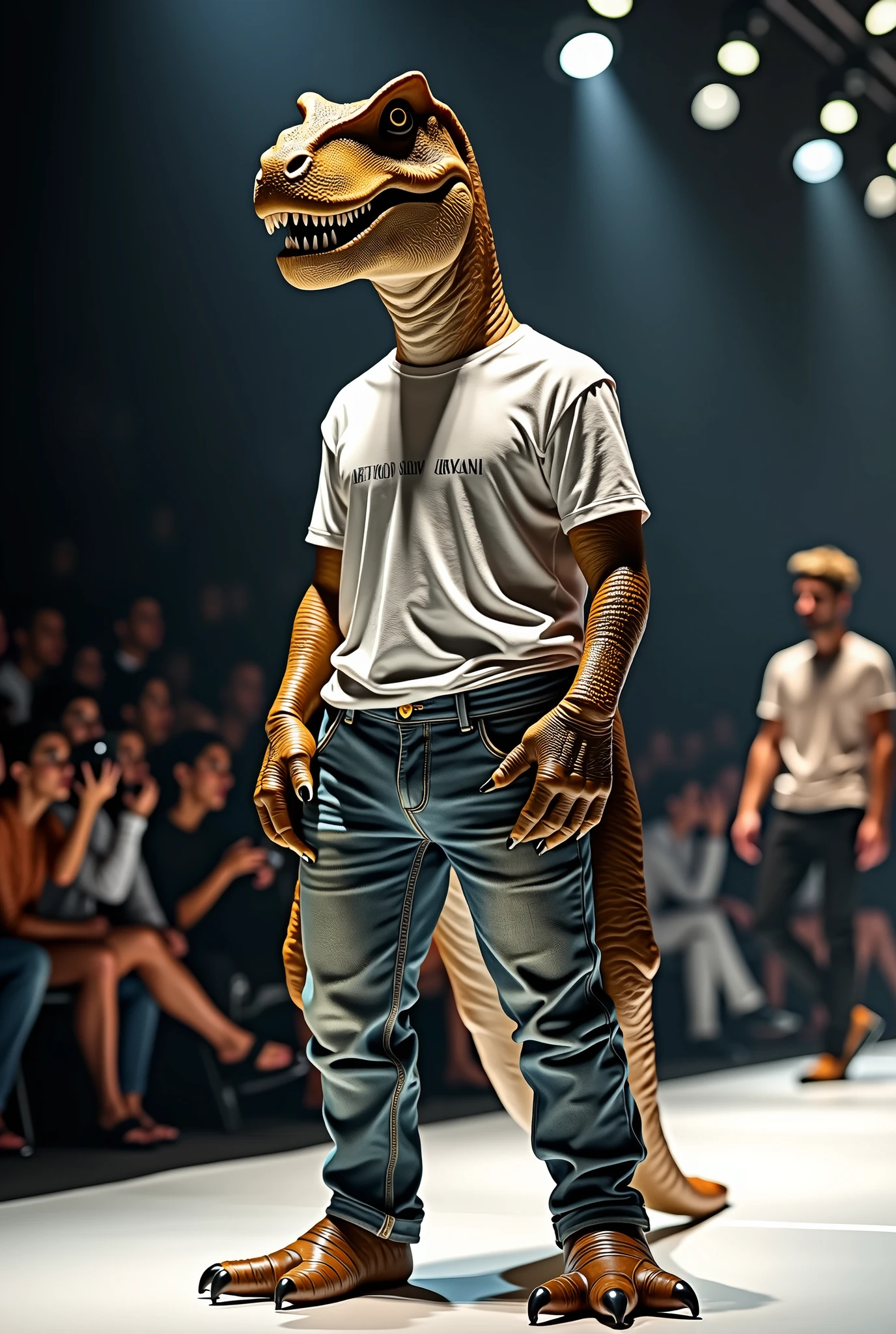 Dinosaur wearing a T-shirt and jeans set from Armani in a fashion show. Full body photo, real as in real life.