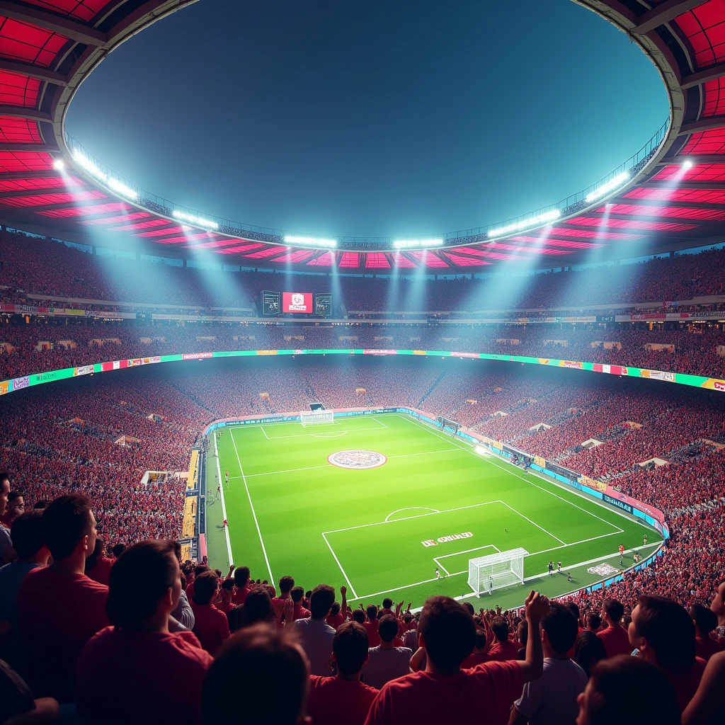 An exciting football match in a stadium full of spectators and floodlights, Passionate crowd, Dazzling stadium floodlights, Spectacular and inspiring moments, vibrant atmosphere, Mexican-themed, Dessert themed, Fantasy-themed stadium.
