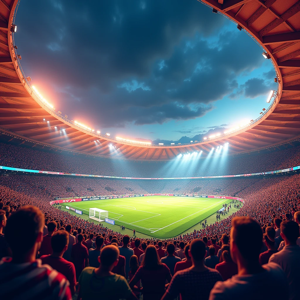 An exciting football match in a stadium full of spectators and floodlights, Passionate crowd, Dazzling stadium floodlights, Spectacular and inspiring moments, vibrant atmosphere, Mexican-themed, Dessert themed, Fantasy-themed stadium.