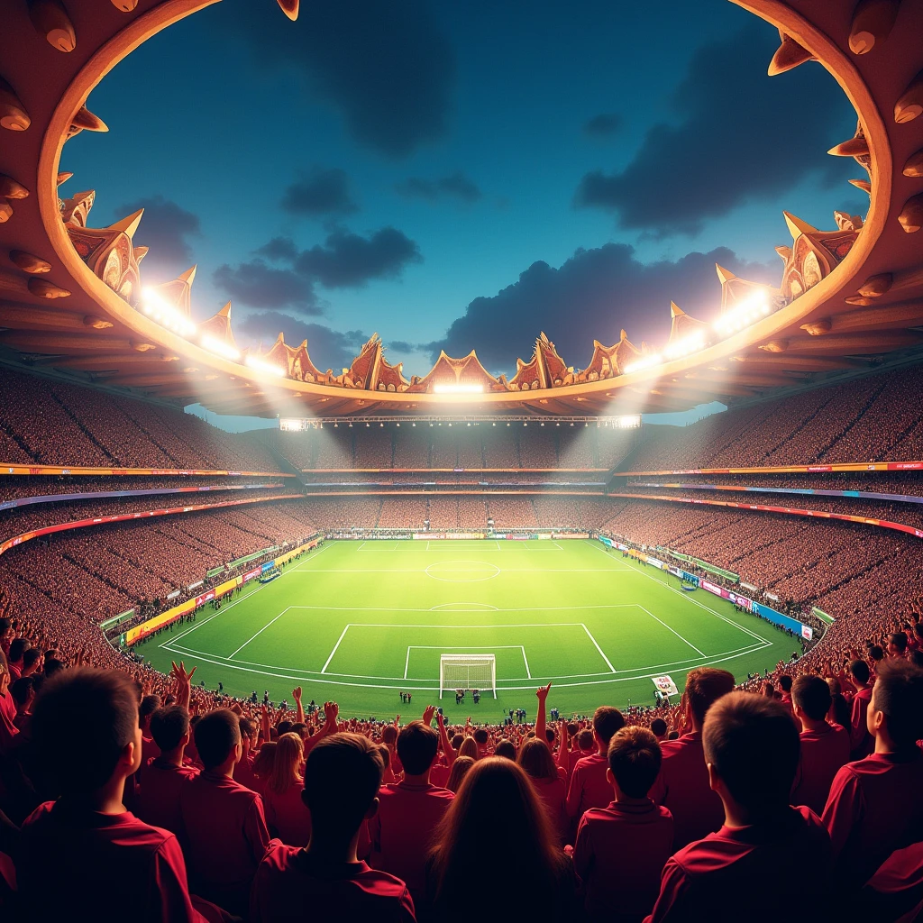 An exciting football match in a stadium full of spectators and floodlights, Passionate crowd, Dazzling stadium floodlights, Spectacular and inspiring moments, vibrant atmosphere, Mexican-themed, Dessert themed, Fantasy-themed stadium.