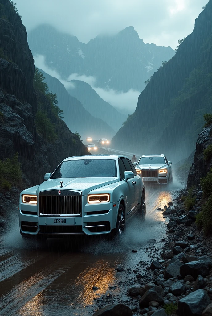 alL luxury suv cars climbing a very touf
. mountain to havy rainfaal in nigth in very