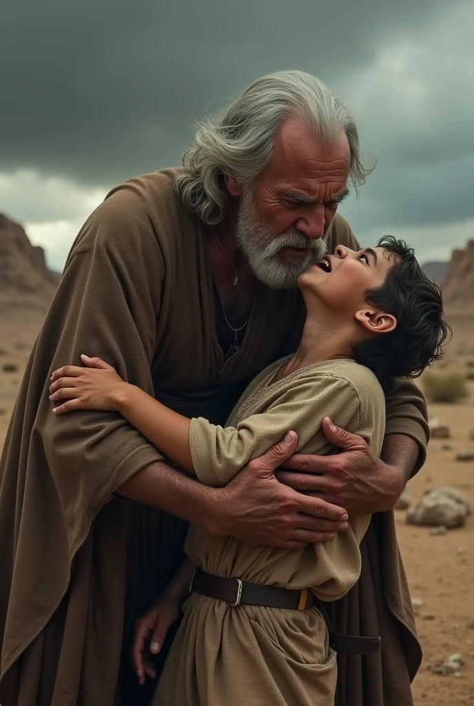 jacob violently attending to cut isaacs throat offering sacrifice his son to god biblical scene of violence scared angry horror photography wide angle