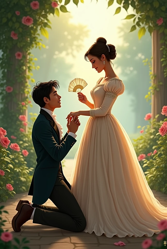 Crisostomo Ibarra kneeling at Maria Clara, and Crisostomo Ibarra holding Maria Clara's one hand and Maria Clara standing holding a fan next to her face