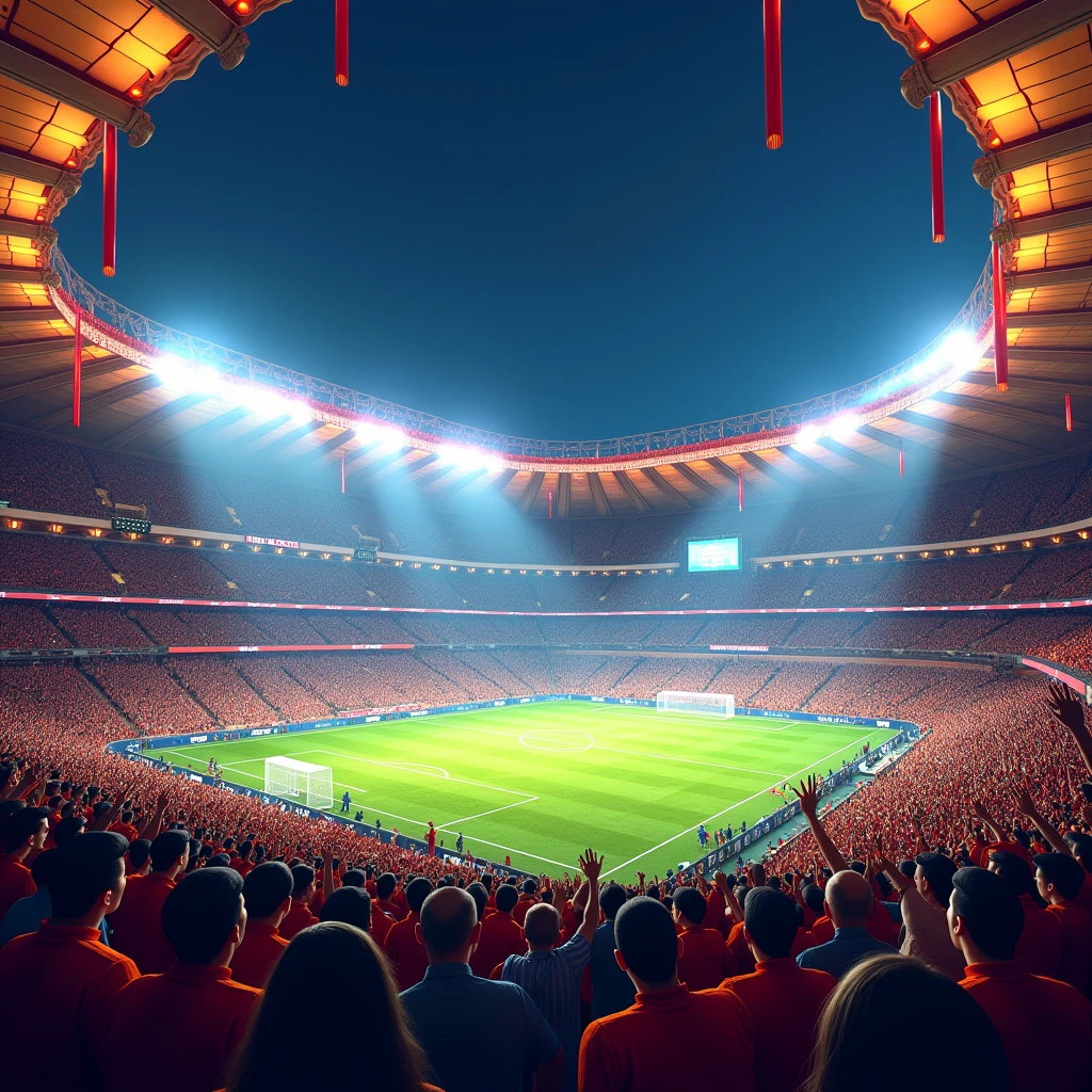 An exciting football match in a stadium full of spectators and floodlights, Passionate crowd, Dazzling stadium floodlights, Spectacular and inspiring moments, vibrant atmosphere, Mexican-themed, Dessert themed, Fantasy-themed stadium.