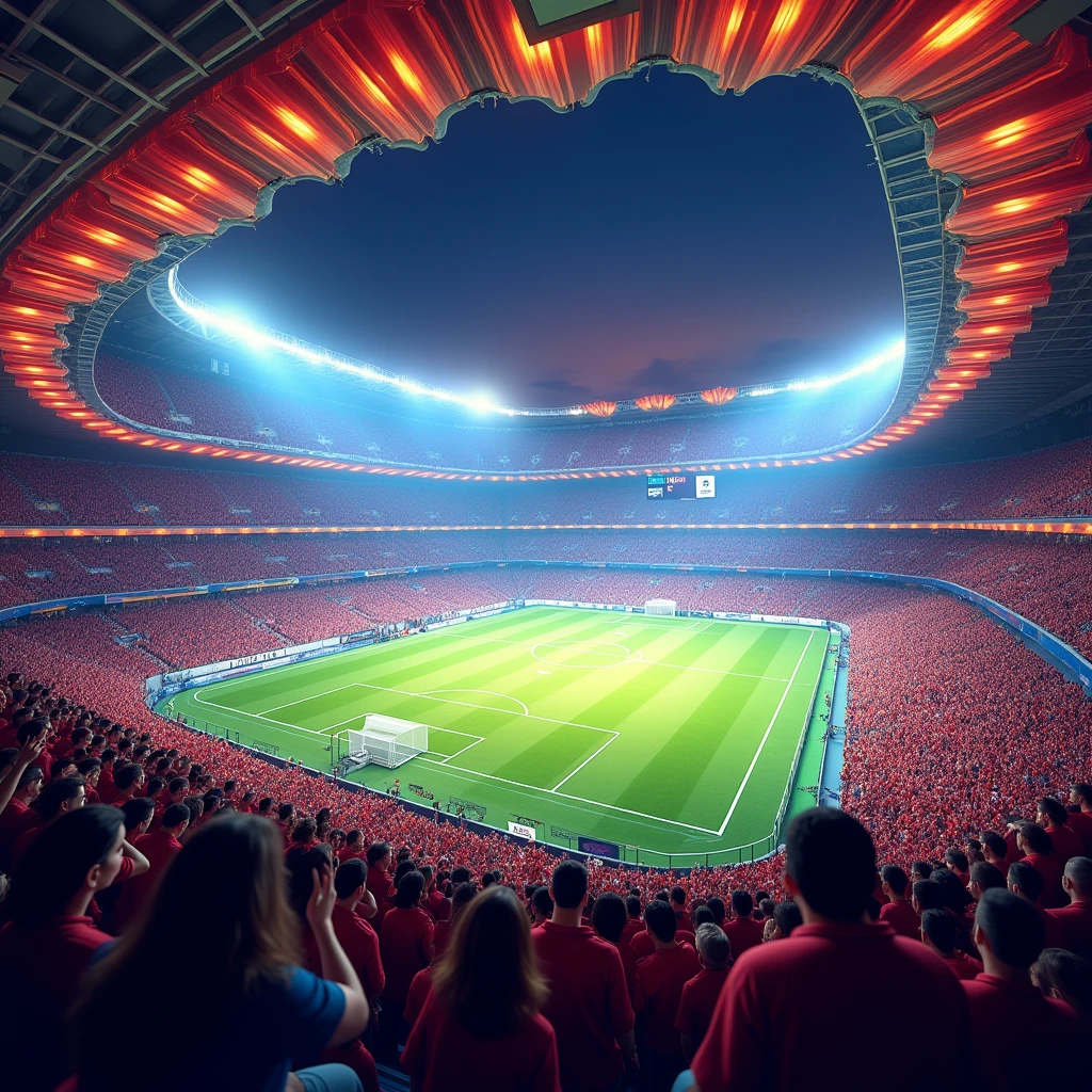 An exciting football match in a stadium full of spectators and floodlights, Passionate crowd, Dazzling stadium floodlights, Spectacular and inspiring moments, vibrant atmosphere, Mexican-themed, Dessert themed, Fantasy-themed stadium.