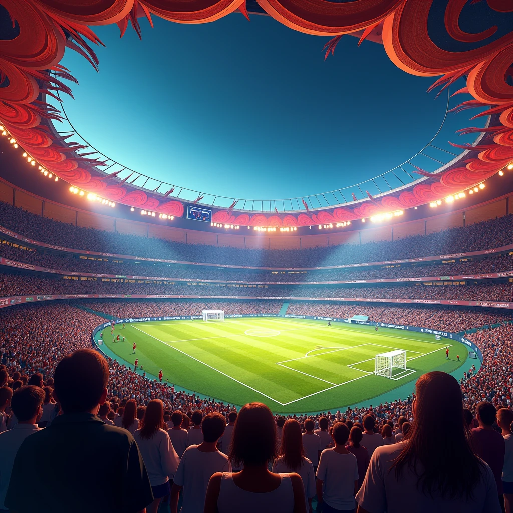 An exciting football match in a stadium full of spectators and floodlights, Passionate crowd, Dazzling stadium floodlights, Spectacular and inspiring moments, vibrant atmosphere, Mexican-themed, Dessert themed, Fantasy-themed stadium.