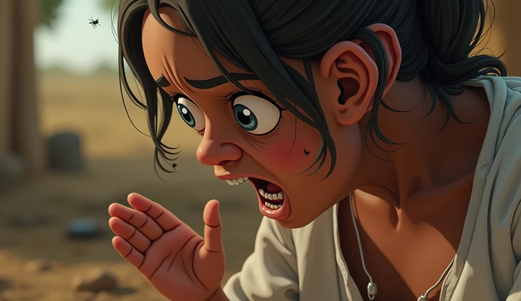 reate a YouTube thumbnail with dimensions 1280 x 720 pixels. The scene is set in a rural, impoverished environment with a background of dusty, earthy terrain, suggestive of a field or a simple medical setup in a South American or Indian context. The background should be slightly blurred to emphasize the main subjects.

Main Elements:

Young Girl: A close-up of a young girl's face, showing her ear where several large ants are visible. The girl should look uncomfortable or surprised.ñ, sacred, crying  Ensure her skin tone and features reflect South American or Indian heritage. she has to be ants on her ear or face. real ants.

Medical Professional: Depict a doctor or medical worker, it has to be a man, not a woman!, also reflecting South American or Indian heritage, with an exaggerated expression of shock or concern worry and scared . The doctor is leaning towards the girl's ear, inspecting it carefully. The doctor should be dressed in simple, practical medical attire, suitable for a rural setting (e.g., a white coat or traditional attire).

Setting Details: The background should have elements that suggest a simple, makeshift medical environment in a rural area—dusty ground, perhaps a basic medical setup like a small table with medical tools, or a rudimentary clinic setting. The environment should look impoverished but not overly dramatic, to keep the focus on the main subjects.