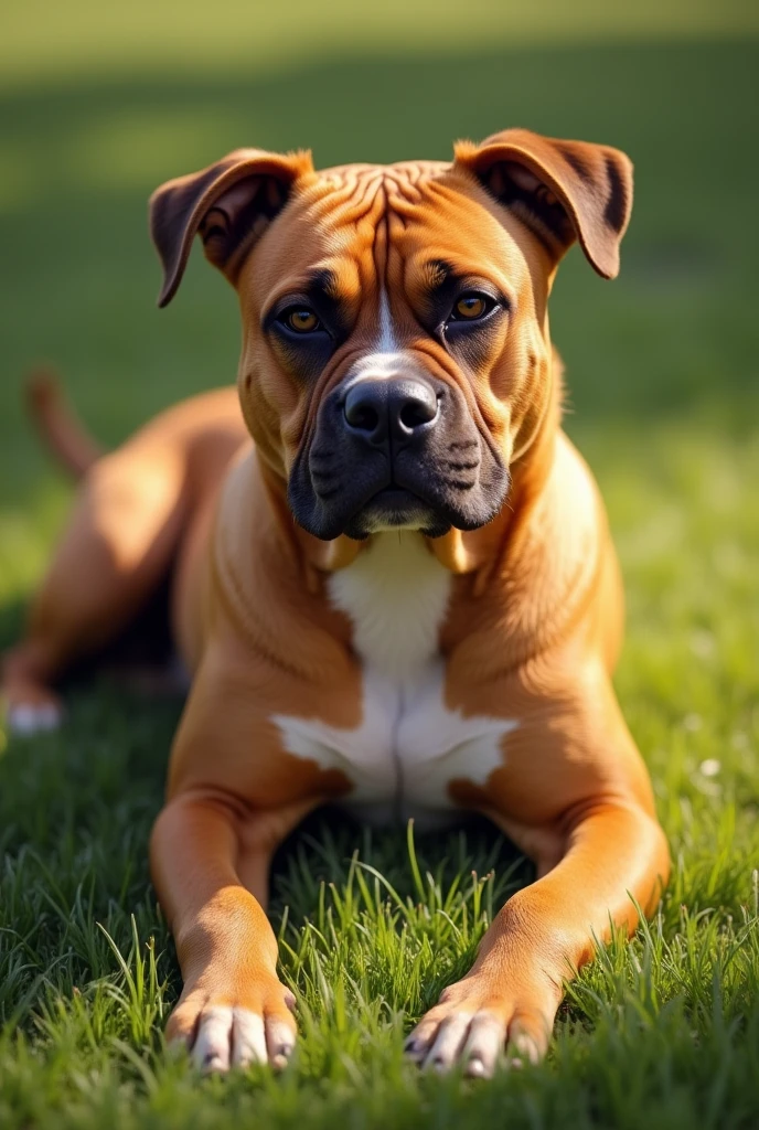 Créez une image d'un Staffordshire Bull Terrier, il s'appelle Yogi. Le chien a une silhouette musclée et compacte, avec une large poitrine et une tête bien définie. Son pelage est court, lisse et brillant, de couleur fauve, apparaissant doré-brun sous la lumière du soleil. Les oreilles du chien sont semi-dressées, et son expression est alerte mais amicale, avec des yeux sombres et expressifs. Le chien est allongé sur l'herbe, détendu mais attentif, les pattes étendues. La scène générale doit refléter la nature à la fois forte et affectueuse de cette race, mettant en avant la force, la loyauté et le tempérament doux du chien.