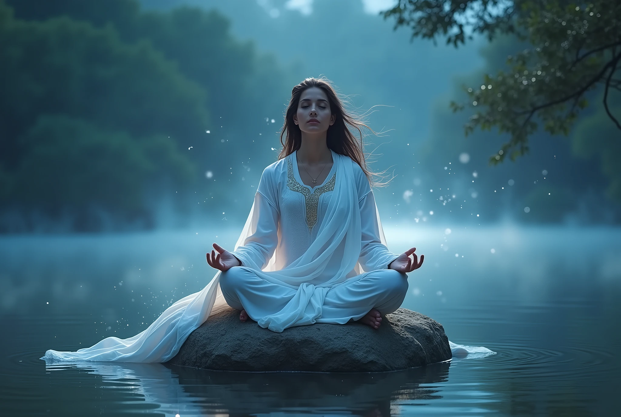 Arabian woman sitting on a rock in front of a lake at night, zen meditation, meditation pose, meditationする, meditationする pose, Float into a powerful Zen state, Spiritual Enlightenment, meditation, meditationする in lotus position, hindu stages of meditation, elven spirit meditationする in space, Calm expression, Calm emotions, yoga meditation pose, praying meditationする. [a body in white tunic floats on the river:1.3].