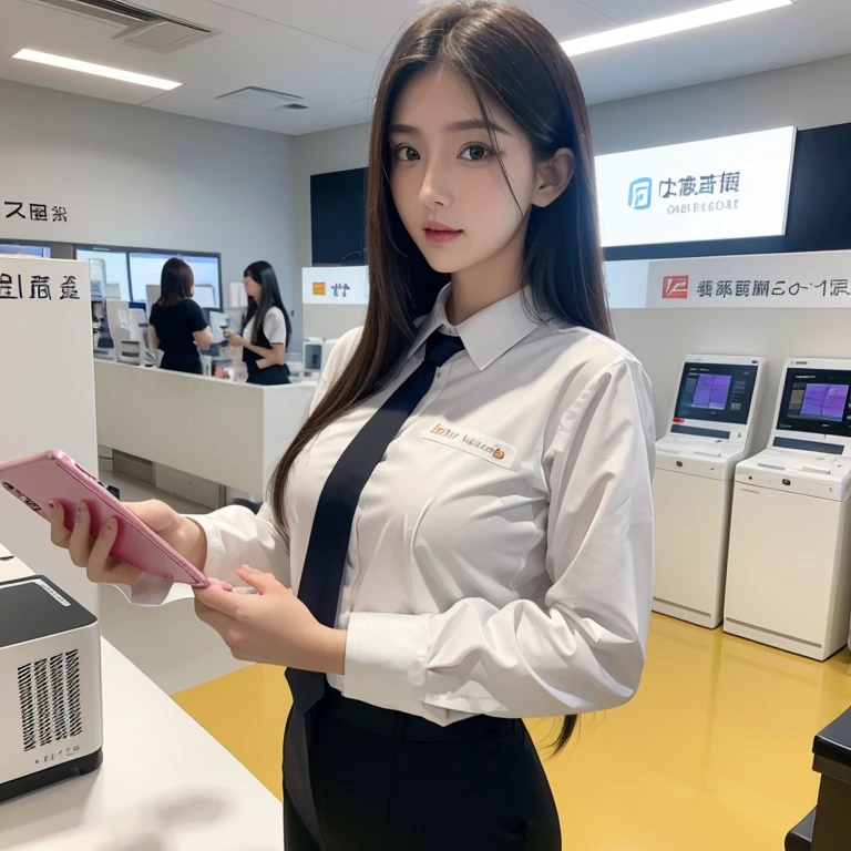 This is a promotional poster picture. A 175 cm tall, long-haired, white-skinned beauty is a service staff member of a telecom store.,Wearing work clothes,The beauty is holding the latest IPHONE 15th generation in her hand