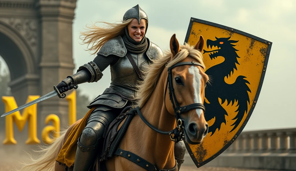 A action movie poster depicting a proud woman riding a running horse, brandishing a sabre, and carrying a ((large yellow and black shield with black dragon painted)), damaged by fighting. (medieval battered light armour & helmet, very battle-damaged, yellow and black coat of arms), steel gloves. She has white pale skin and really long blond hair. (She's angry, clenching teeth, on a lift bridge with the words "Malory" written in large golden letters in the foreground).