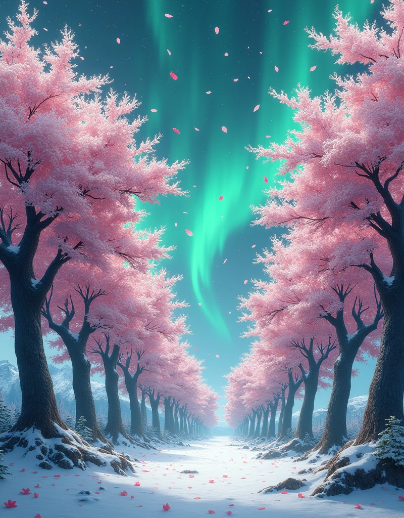 Imagine a scenario,towering, The majestic cherry blossom trees stand proudly. Its delicate pink and white flowers bloom, Exuding a tranquil and peaceful atmosphere. Petals fall gently from the branches, Forming a beautiful "snow" scene on the ground. soft with trees, Spring-like scenery in stark contrast, The background is full of life, Aurora dancing lights. Its surreal greens and blues stretch to the sky, Illuminate the scene with dreamy light,Create a charming interplay between spring and winter night scenes.
